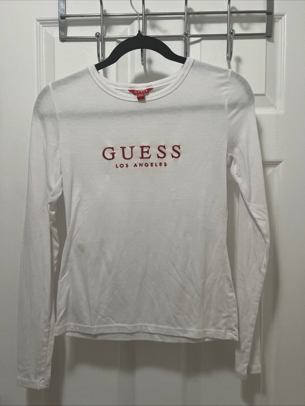 Guess Los Angeles Logo Long Sleeve Classic Crew Neck White Tee Size S